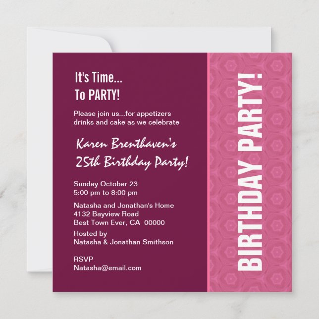 Invitation 25e anniversaire Vin moderne et Motif rose (Devant)