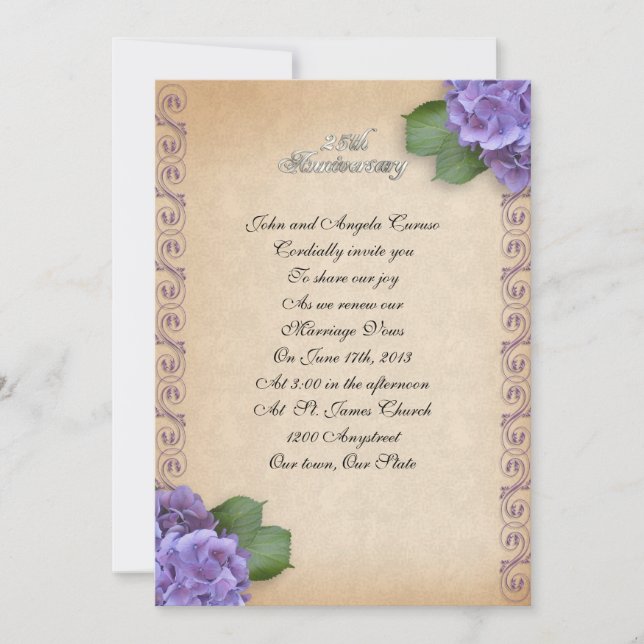 Invitation 25e anniversaire vow renouvellement hydrangea flor (Devant)
