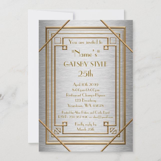 Invitation 25e, fête d'anniversaire, style Gatsby, argent & o (Devant)