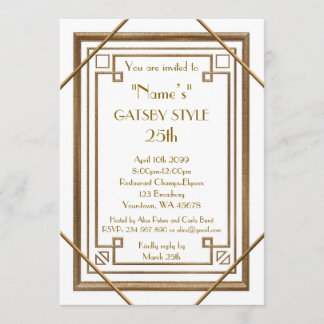 Invitation 25e, fête d'anniversaire, style Gatsby, blanc & or