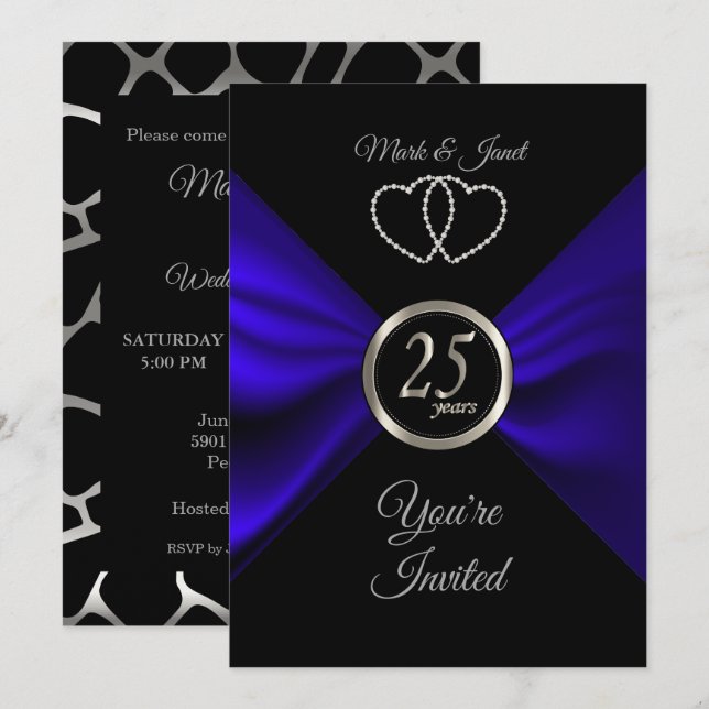 Invitation 25e Noces d'argent avec Satin Bleu (Devant / Derrière)