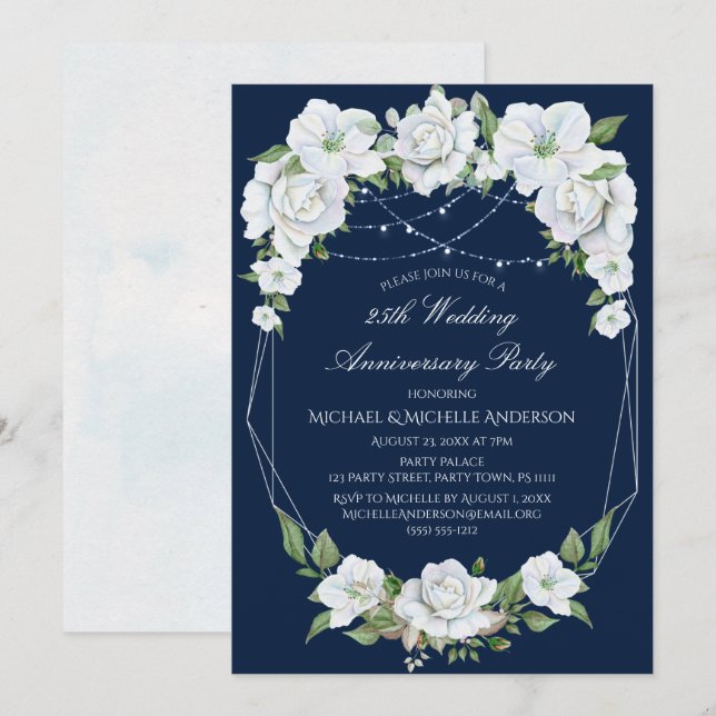 Invitation 25ème anniversaire d'aquarelle florale bleue (Devant / Derrière)