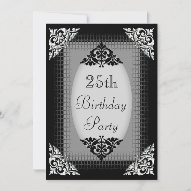 Invitation 25ème anniversaire noir et argenté élégant (Devant)