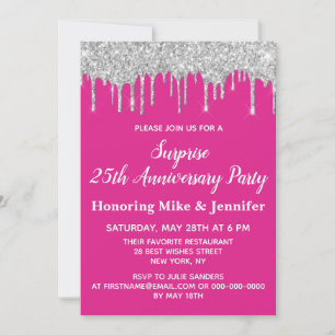 Invitation 25ème Bright Pink Silver Surprise Anniversaire