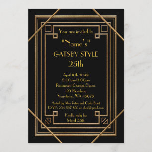 Invitation 25ème, fête d'anniversaire, style de Gatsby, noir