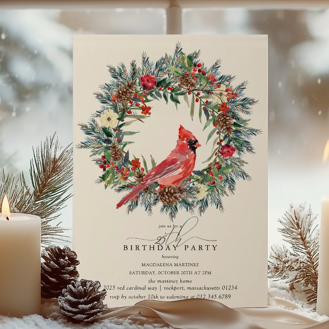 Invitation 25th Birthday Party Red Cardinal Winter Wreath (Créateur téléchargé)