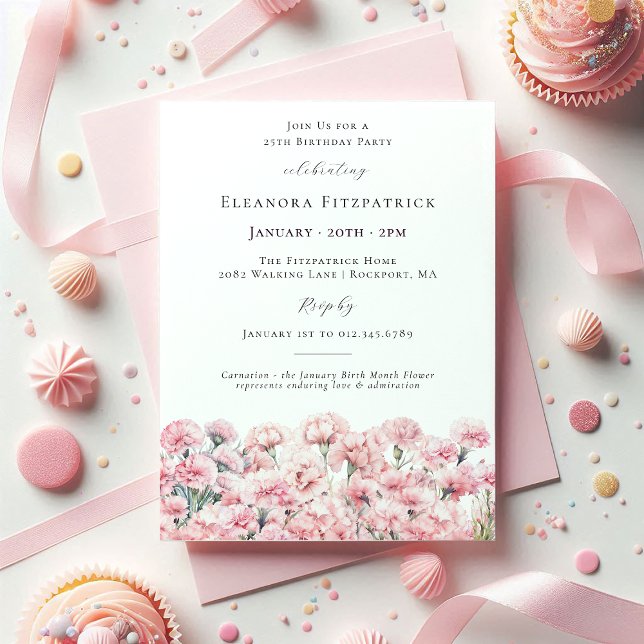 Invitation 25th Birthday Pink Carnation January Birth Flower (Créateur téléchargé)