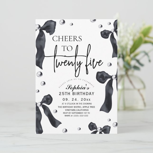 Invitation 25th Black White Bow Birthday Party (Debout devant)