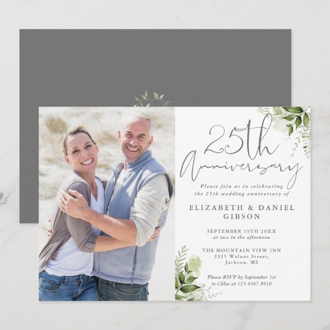 Invitation 25th Wedding Anniversary Floral Silver Photo (Devant / Derrière)