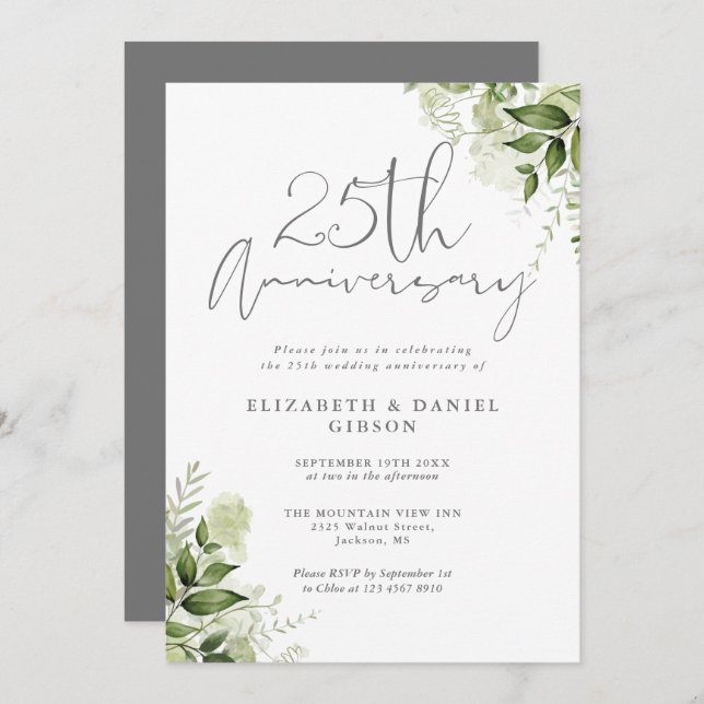 Invitation 25th Wedding Anniversary Greenery Silver Script (Devant / Derrière)