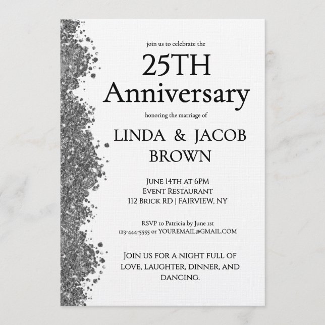 Invitation 25th Wedding Anniversary Silver Faux Glitter  (Devant)