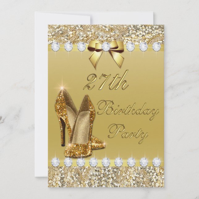 Invitation 27e anniversaire Classy Gold Heels Sequins Diamond (Devant)