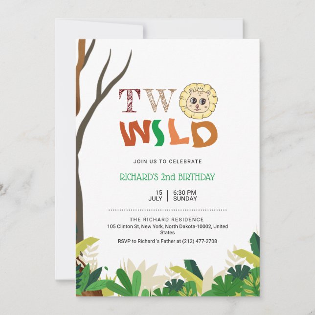 Invitation 2 An Enfants Jungle Safari Lion Thème Anniversaire (Devant)