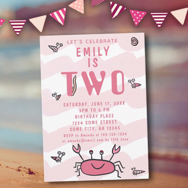 Invitation 2 Anniversaire Crabe rose Animaux de mer Fille (Créateur téléchargé)