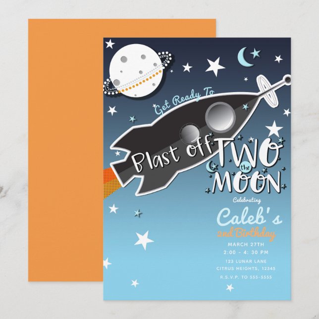 Invitation 2 Deux la Fusée Spatiale de la Lune Fête d'anniver (Devant / Derrière)