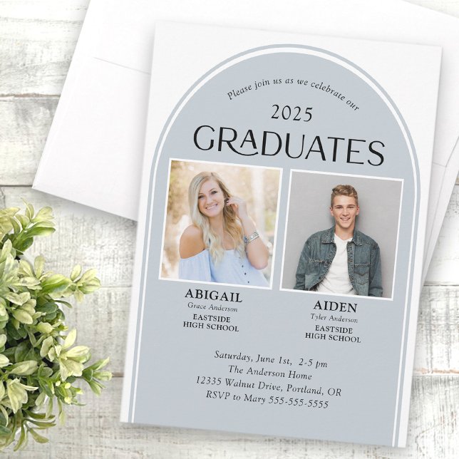 Invitation 2 Diplômés Dusty Blue Arch Double Graduation (Créateur téléchargé)