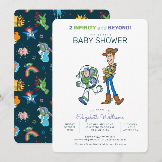 Invitation 2 Infinity and Beyond Toy Story - Baby shower (Devant / Derrière)