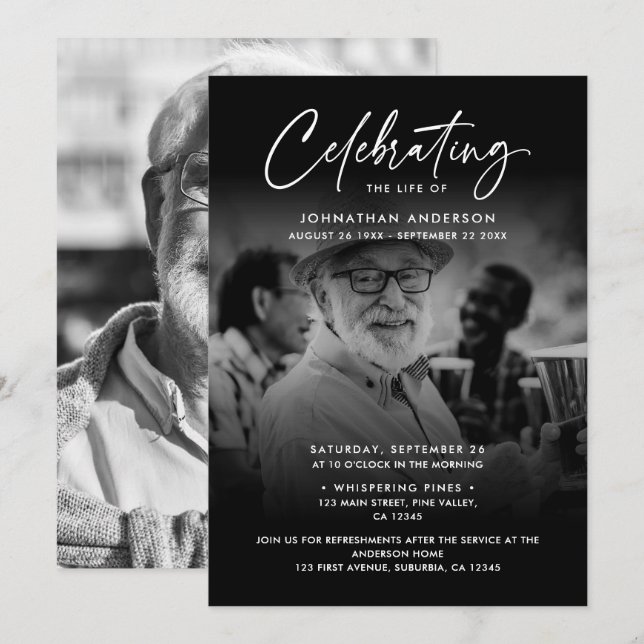 Invitation 2-Photo Célébration de la vie / Funérailles / Mémo (Devant / Derrière)