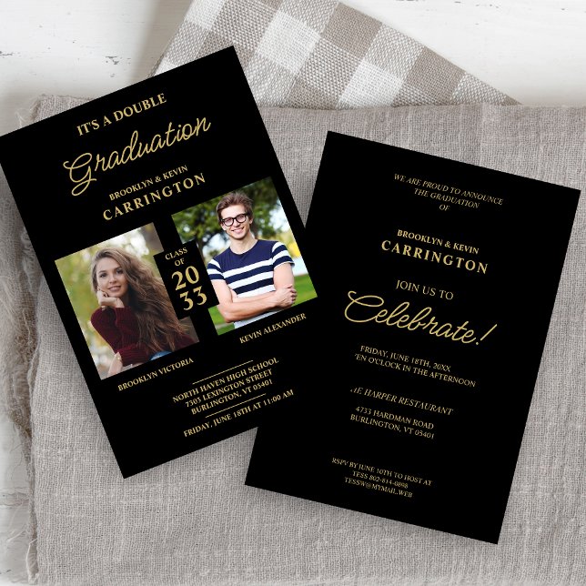 Invitation 2 Photos Double Twins Graduation Fake Golden Black (Créateur téléchargé)
