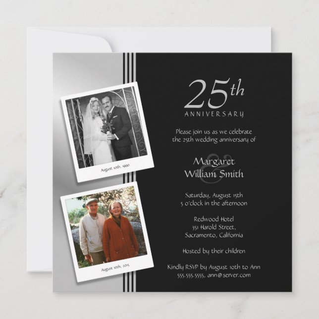 Invitation 2 Photos Soie 25ème anniversaire Mariage (Devant)