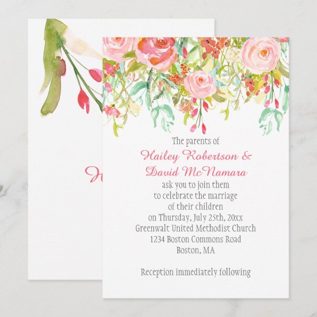 Invitation #2 Pink Roses Mint Wildflowers Greenery (Front/Back)