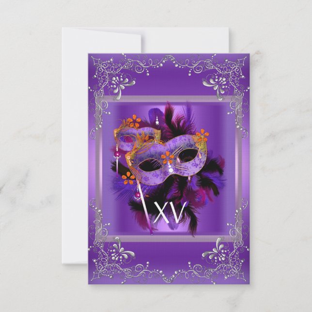 Invitation 2 Réception Quinceanera Masquerade Masque Purple (Devant)