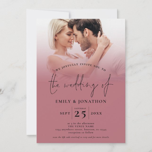 Invitation 2 superposition photo QR Rose Gold Black Script (Devant)