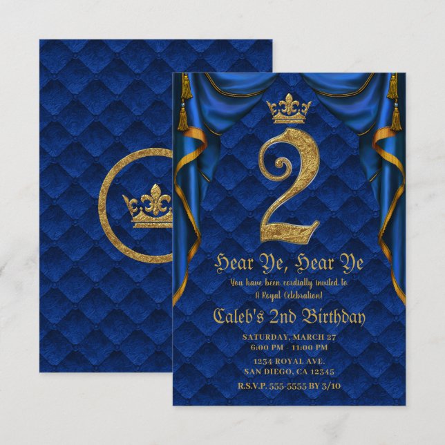 Invitation 2E 2 Deux fête d'anniversaire Royal Blue Gold Crow (Devant / Derrière)