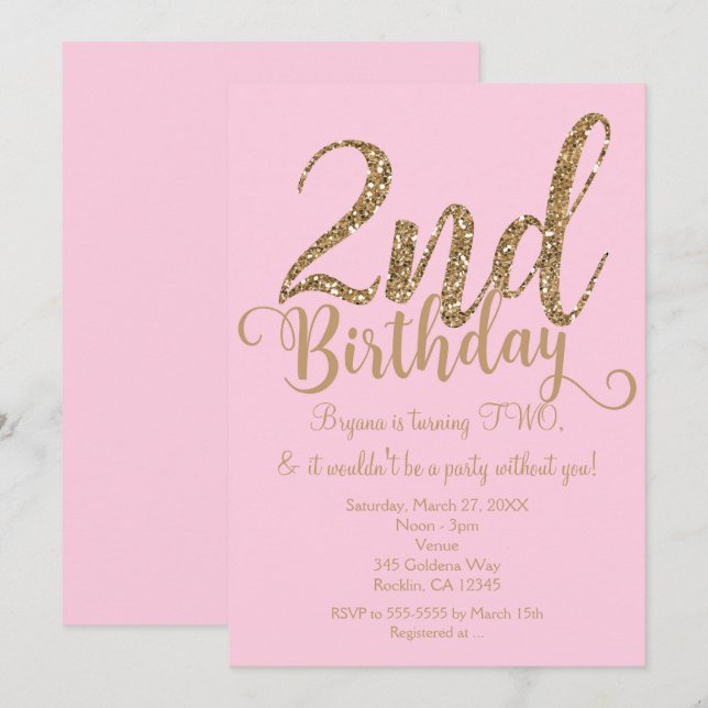 Invitation 2e anniversaire 2 Pink & Gold Party DEUX invitatio (Devant / Derrière)