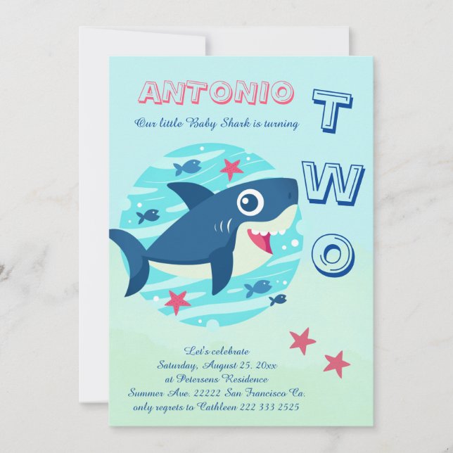 Invitation 2e anniversaire bébé requin sous la mer mignon (Devant)
