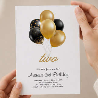 Invitation 2e anniversaire Black and Gold avec ballons
