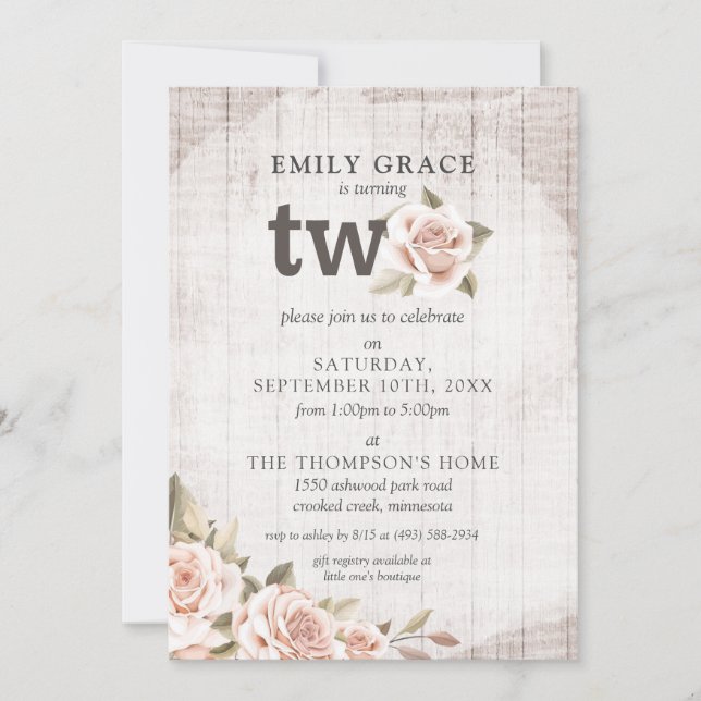 Invitation 2e anniversaire Bois rustique Shabby Chic Roses Fl (Devant)