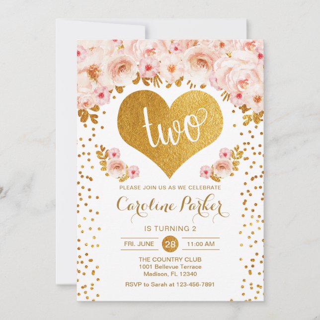 Invitation 2e anniversaire - Coeur d'or blanc rose floral (Devant)
