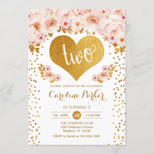 Invitation 2e anniversaire - Coeur d'or blanc rose floral