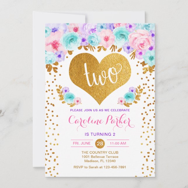 Invitation 2e anniversaire - Coeur d'or Turquoise rose pourpr (Devant)