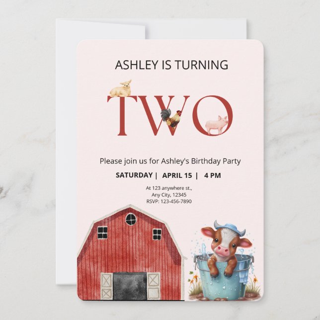 Invitation 2e anniversaire Cute Cow Farm Grange Party (Devant)