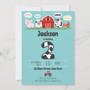 Invitation 2e anniversaire de ferme Animaux Oink Baa Moo Enfa