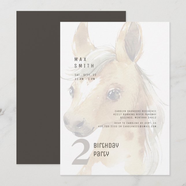 Invitation 2e anniversaire de l'aquarelle Pony Party (Devant / Derrière)