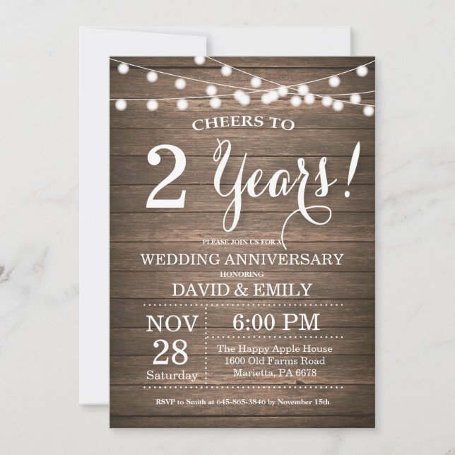 Invitation 2e anniversaire de mariage Bois rustiqu (Devant)