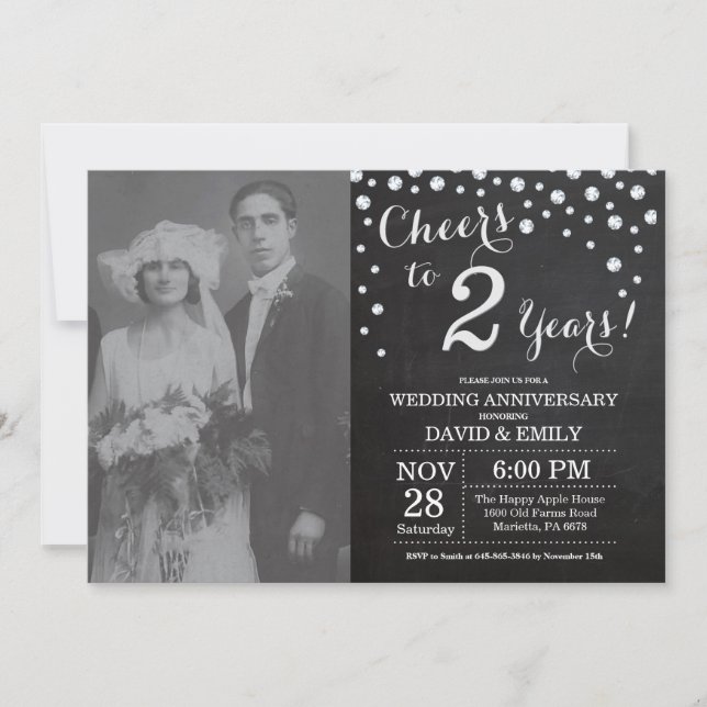 Invitation 2e anniversaire de mariage tableau noir argent (Devant)
