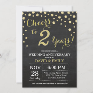 Invitation 2e anniversaire de mariage tableau noir et or