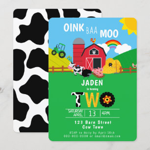 Invitation 2e anniversaire ferme Grange Animaux Oink Baa Moo