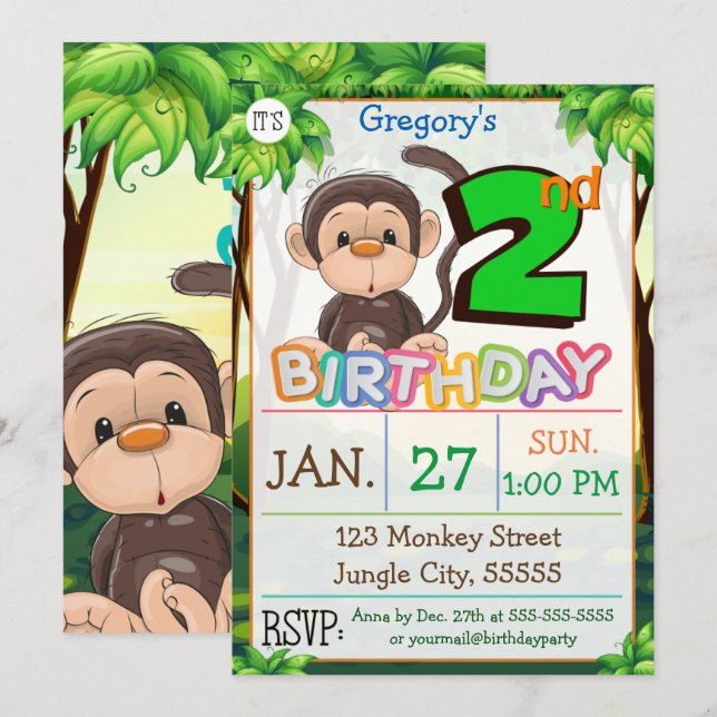 Invitation 2e anniversaire fête singe personnalisé (Devant / Derrière)