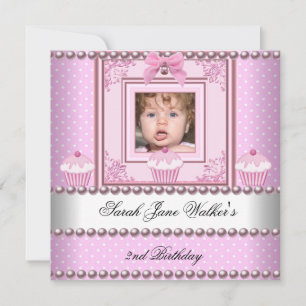 Invitation 2e anniversaire fille Cupcakes rose Pearle blanche