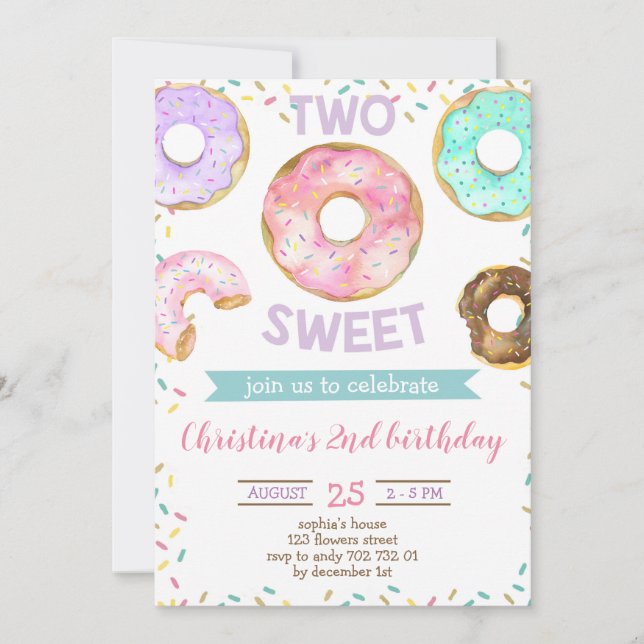 Invitation 2e anniversaire fille Donut thème deux doux mignon (Devant)
