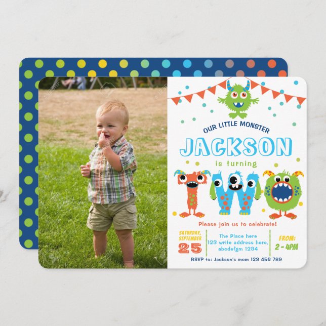 Invitation 2e anniversaire petit monstre photo d'anniversaire (Devant / Derrière)