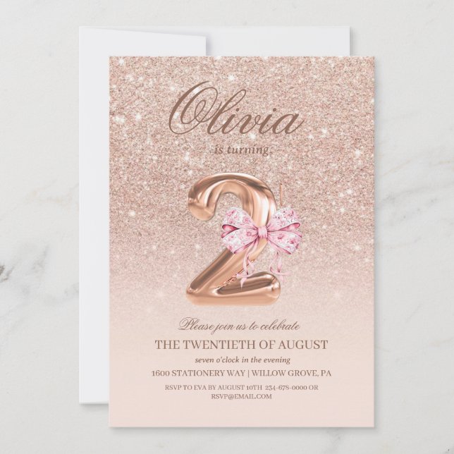Invitation 2e anniversaire Rose rose or bow fête d'anniversai (Devant)