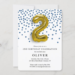 Invitation 2e anniversaire Royal Blue Confetti et Gold Balloo