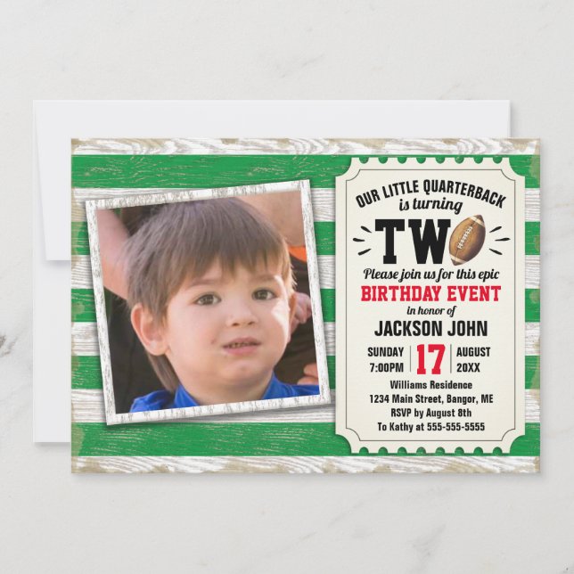 Invitation 2e anniversaire Sports photo Football Rustic Green (Devant)