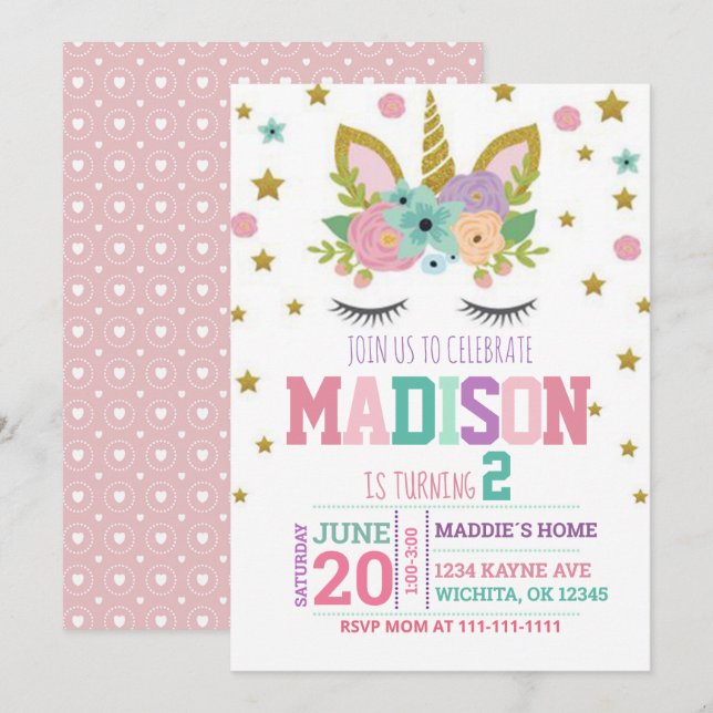 INVITATION 2E ANNIVERSAIRE UNICORN MODÈLE D'INVITATION (Devant / Derrière)